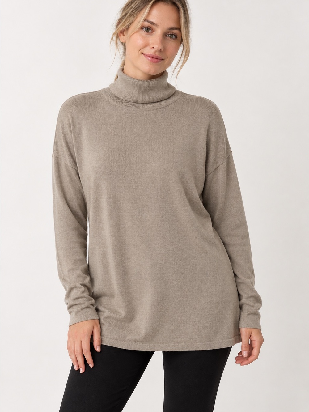 J.Jill Silk Cotton Turtleneck Tunic Sweater Taupe Beige Size S